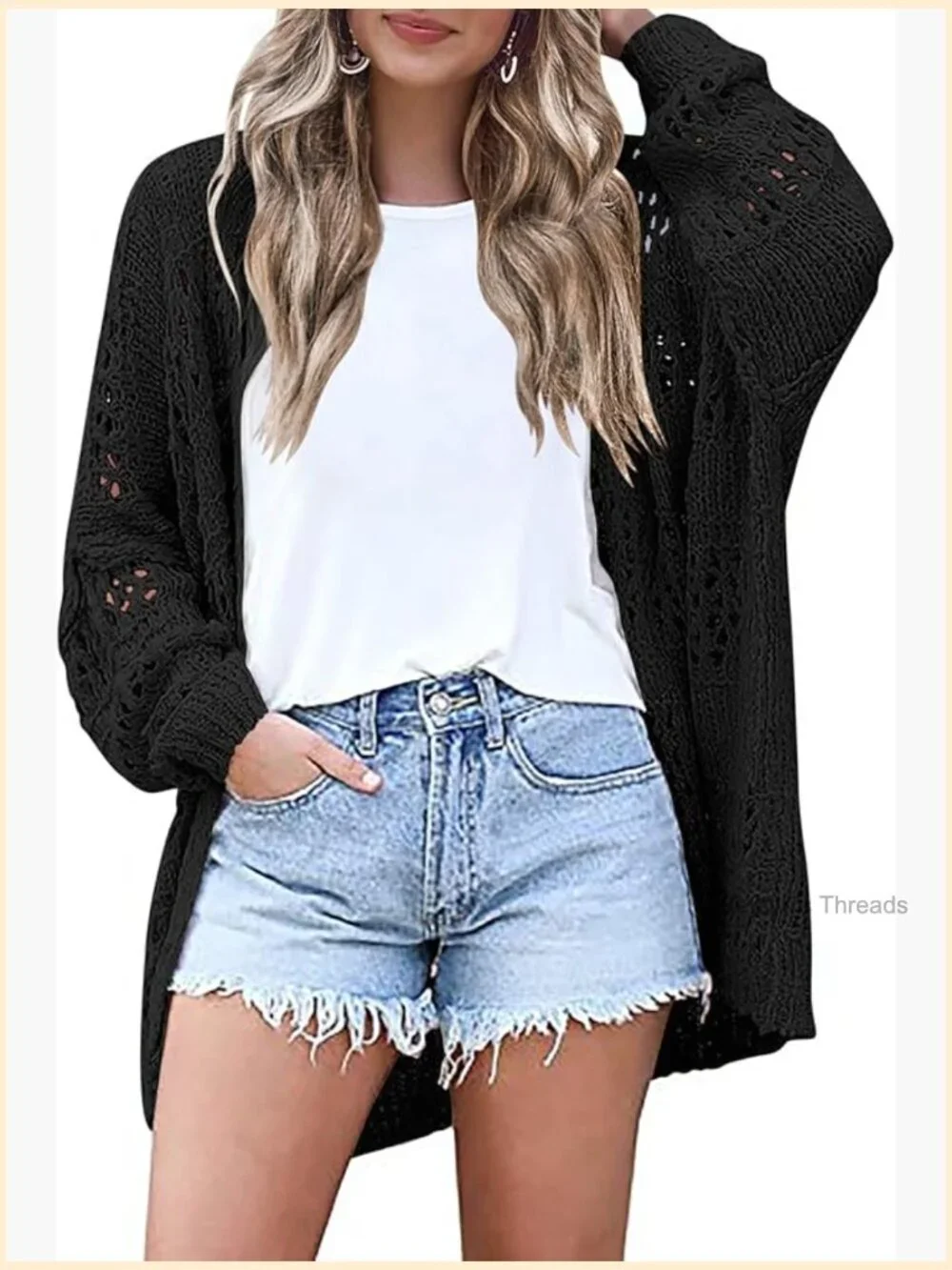 Lightweight Crochet Cardigan Long Sleeve Open Front Knit Oversized